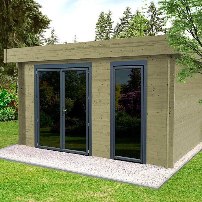 Abri de jardin moderne avec grandes fenêtres.