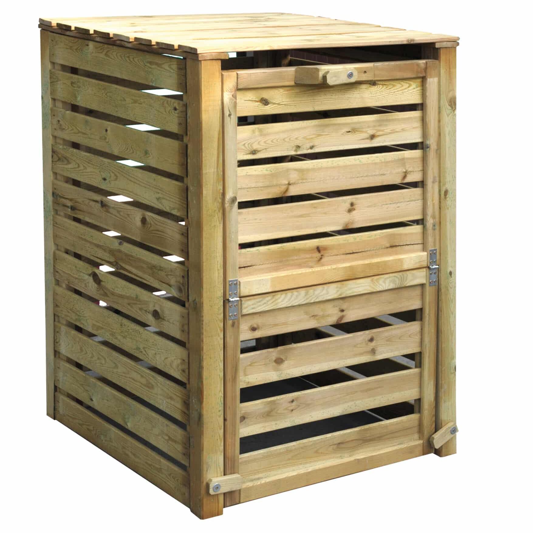 Composteur en bois avec panneaux latéraux ouverts.