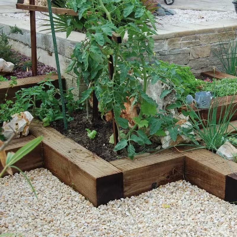 Potager surélevé avec plantes et gravier.