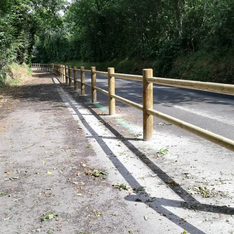 Chemin boisé avec clôture en bois le long.