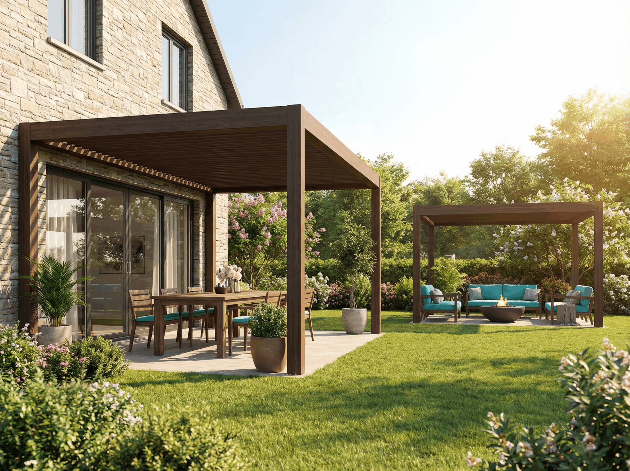 Terrasse moderne avec pergolas et mobilier de jardin Terrasse moderne avec pergolas et mobilier de jardin