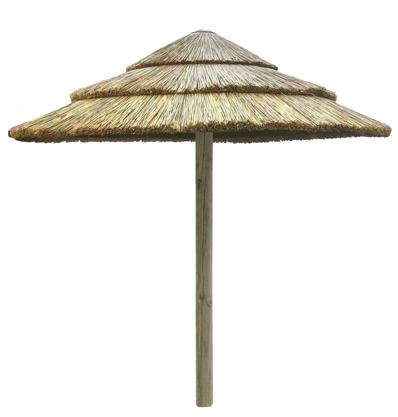 Parasol en paille sur pied en bois.