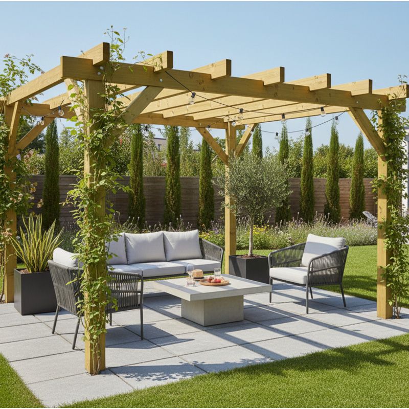 Pergola en bois avec mobilier de jardin.