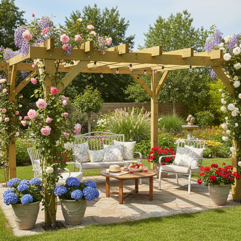 Pergola fleurie dans un jardin, mobilier extérieur.