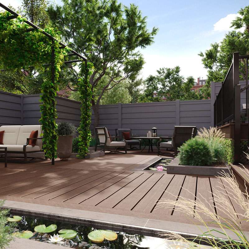 Terrasse moderne avec mobilier et plantes vertes