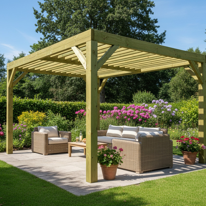 Pergola en bois avec salon de jardin fleuri