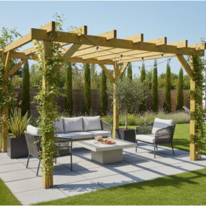 Salon de jardin sous pergola en bois moderne
