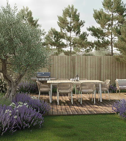 Terrasse extérieure avec table, chaises et arbres environnants.