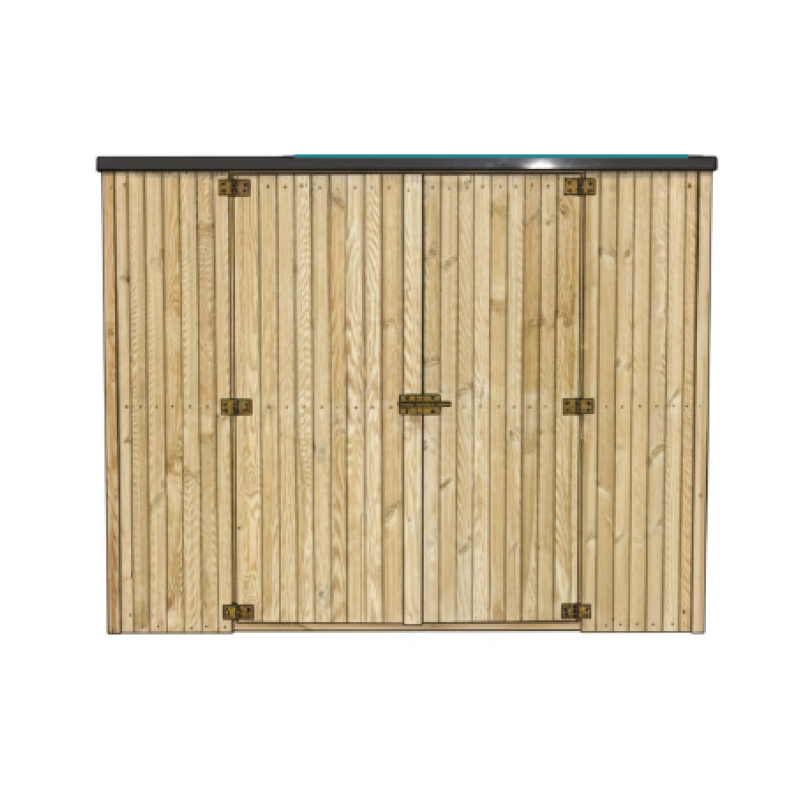 Abri de jardin en bois à portes battantes.