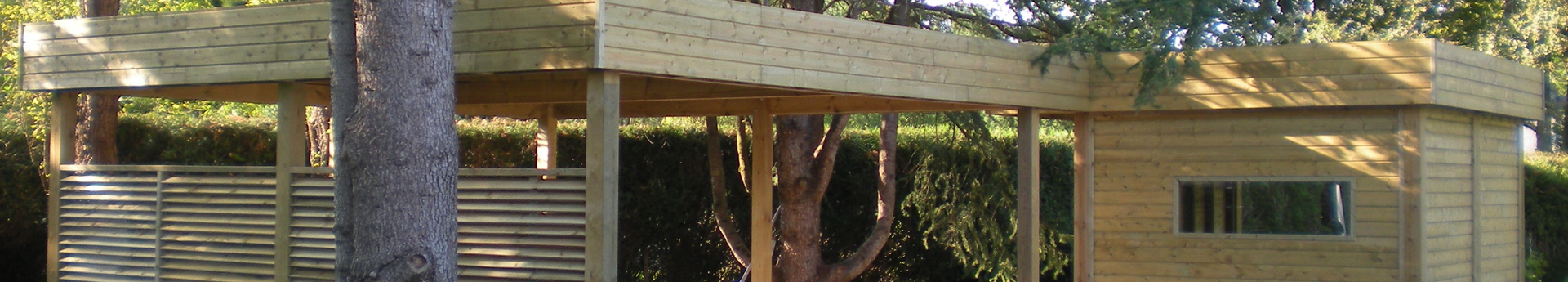 Abri de jardin en bois dans parc arboré.