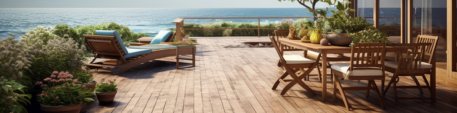 Terrasse avec vue sur la mer, fauteuils relax.