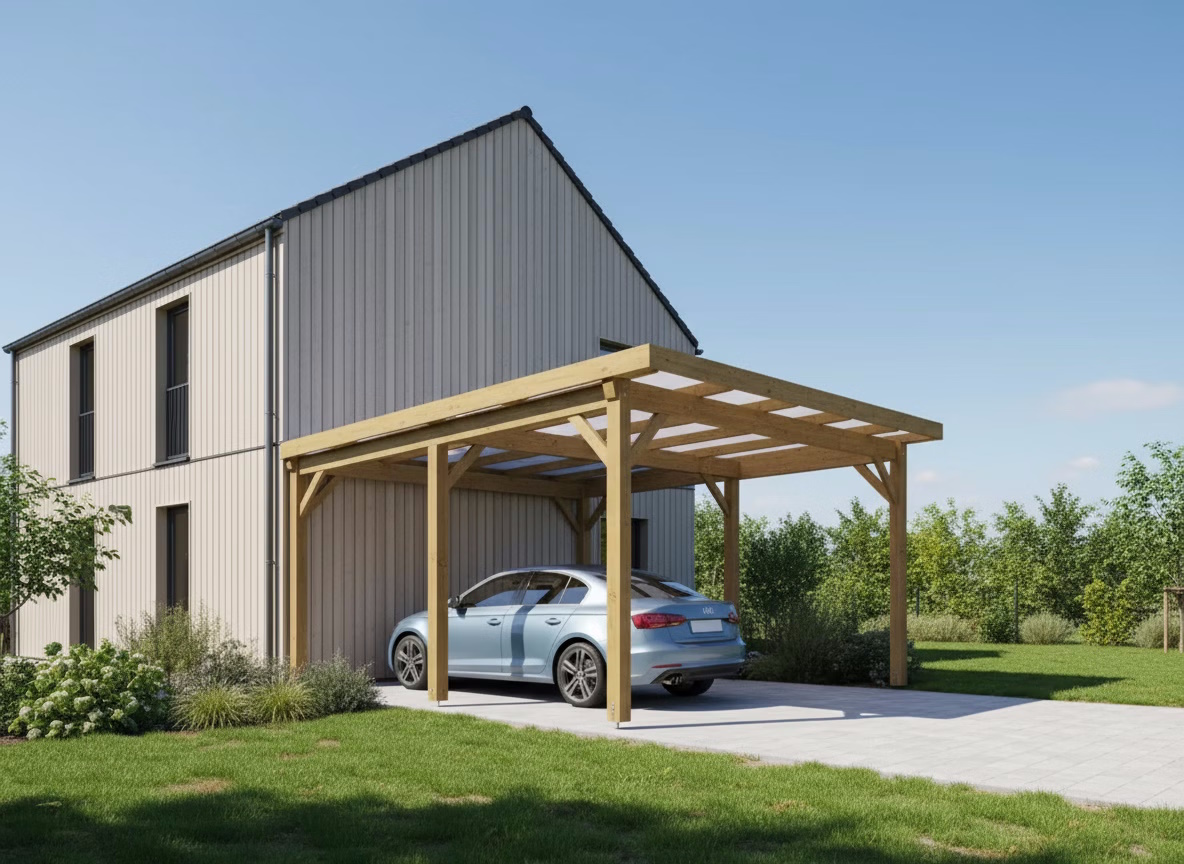 Maison modern avec carport en bois et voiture bleue.