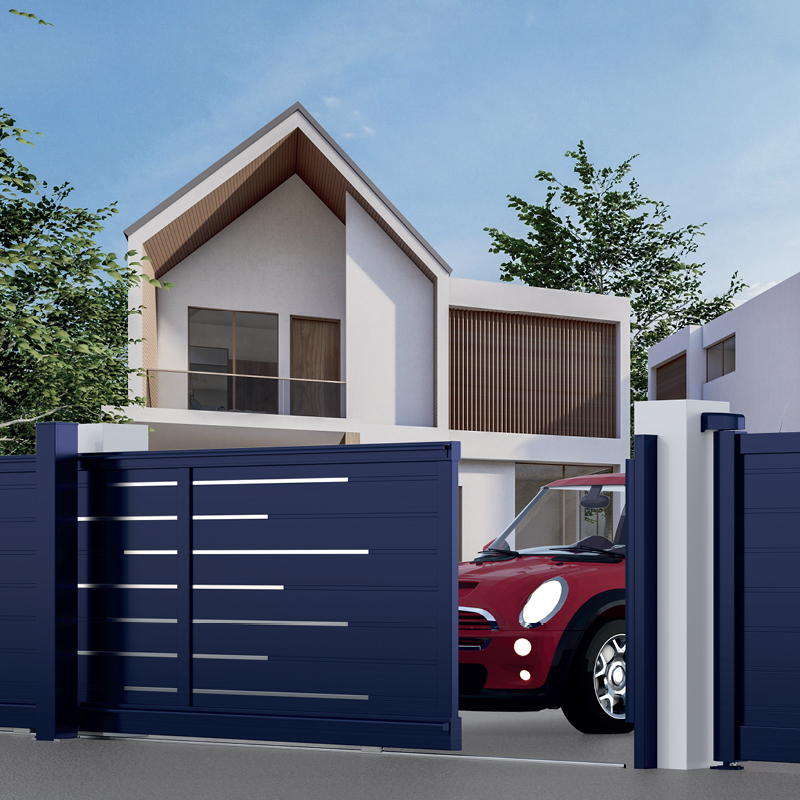 Maison moderne avec voiture rouge et portail bleu.