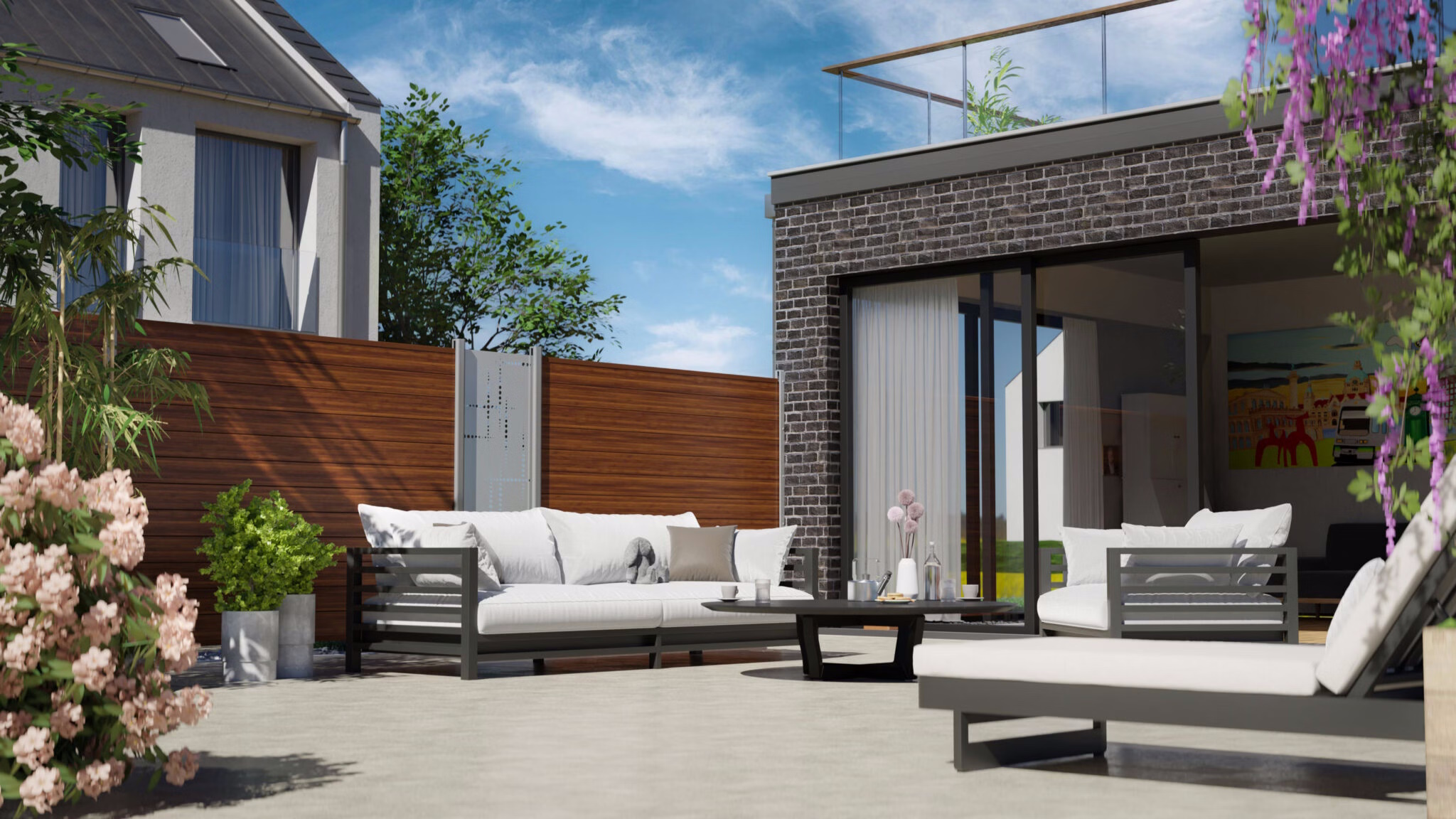 Terrasse moderne avec mobilier extérieur et plantes.